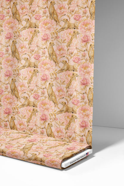 Pink Peony Gold Cheetah Fabric - Shop now at American Fabric Prints