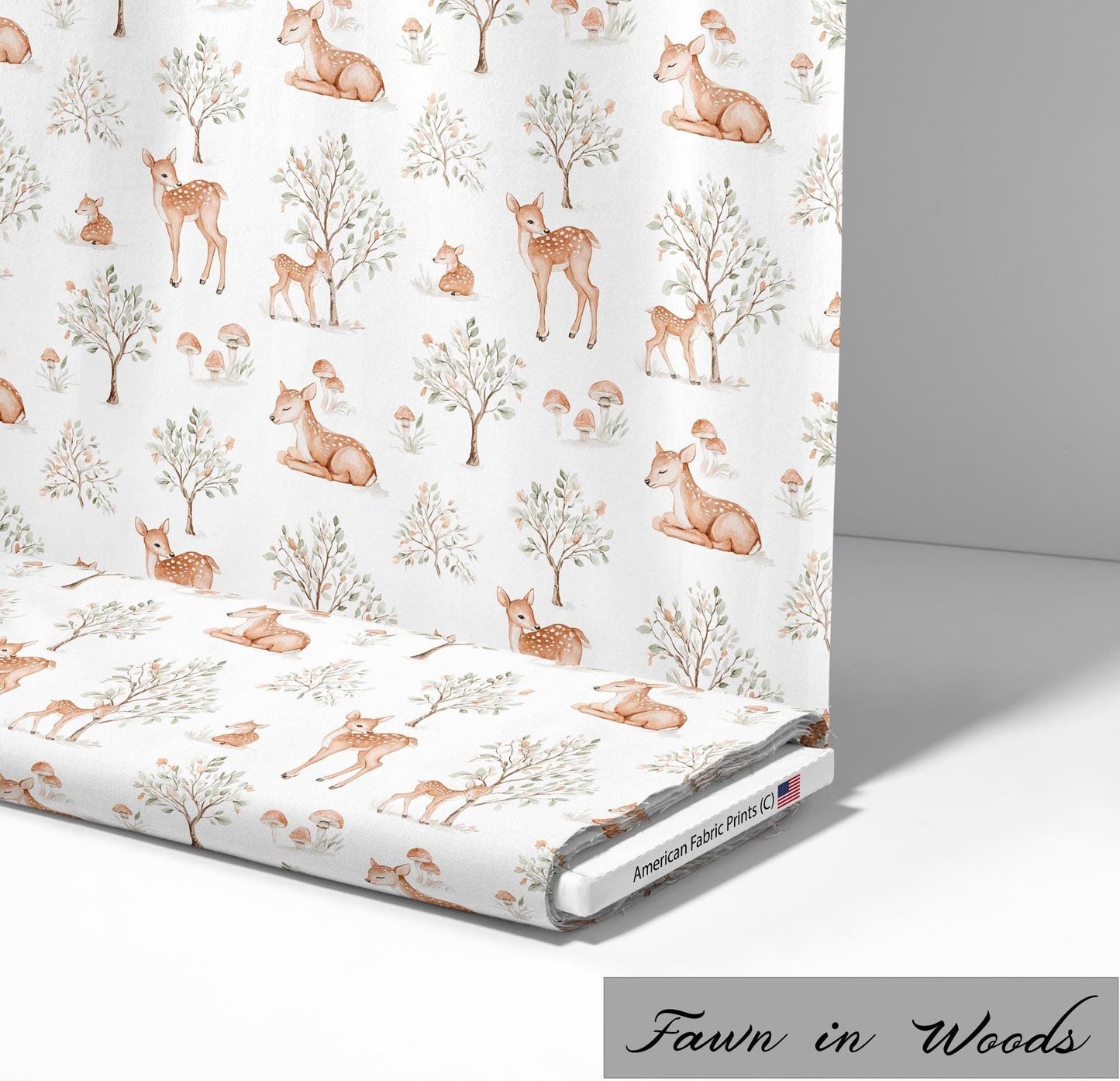 Super cute cotton fabric with Fawn in the woods pattern. Shop now at American Fabric Prints.