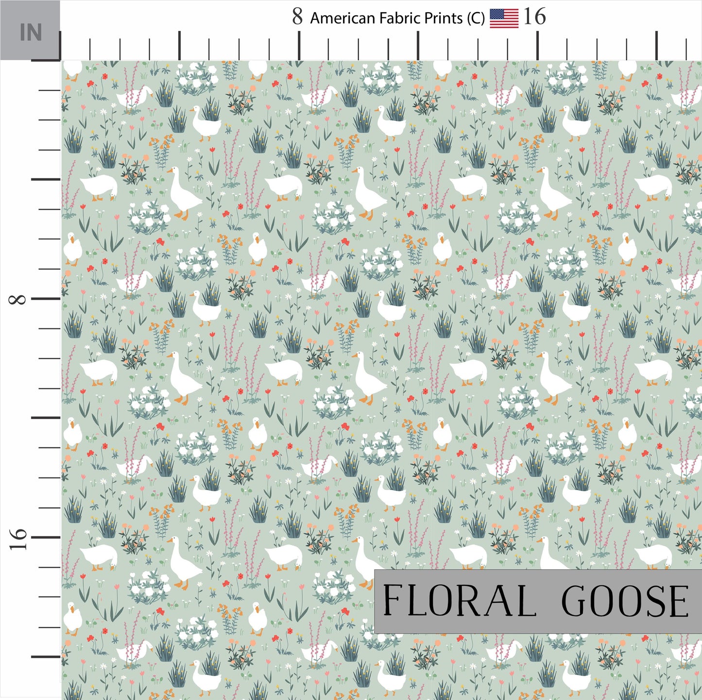 Floral Goose Cotton Quilt Fabric | Green Meadow Print | Made in the USA | American Fabric Prints
