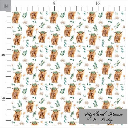 Highland Cow Mama and Baby with Eucalyptus Florals. Quilting Cotton Fabric. Shop now at American Fabric Prints.