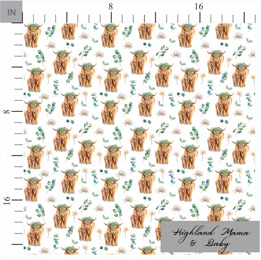 Highland Cow Mama and Baby with Eucalyptus Florals. Quilting Cotton Fabric. Shop now at American Fabric Prints.