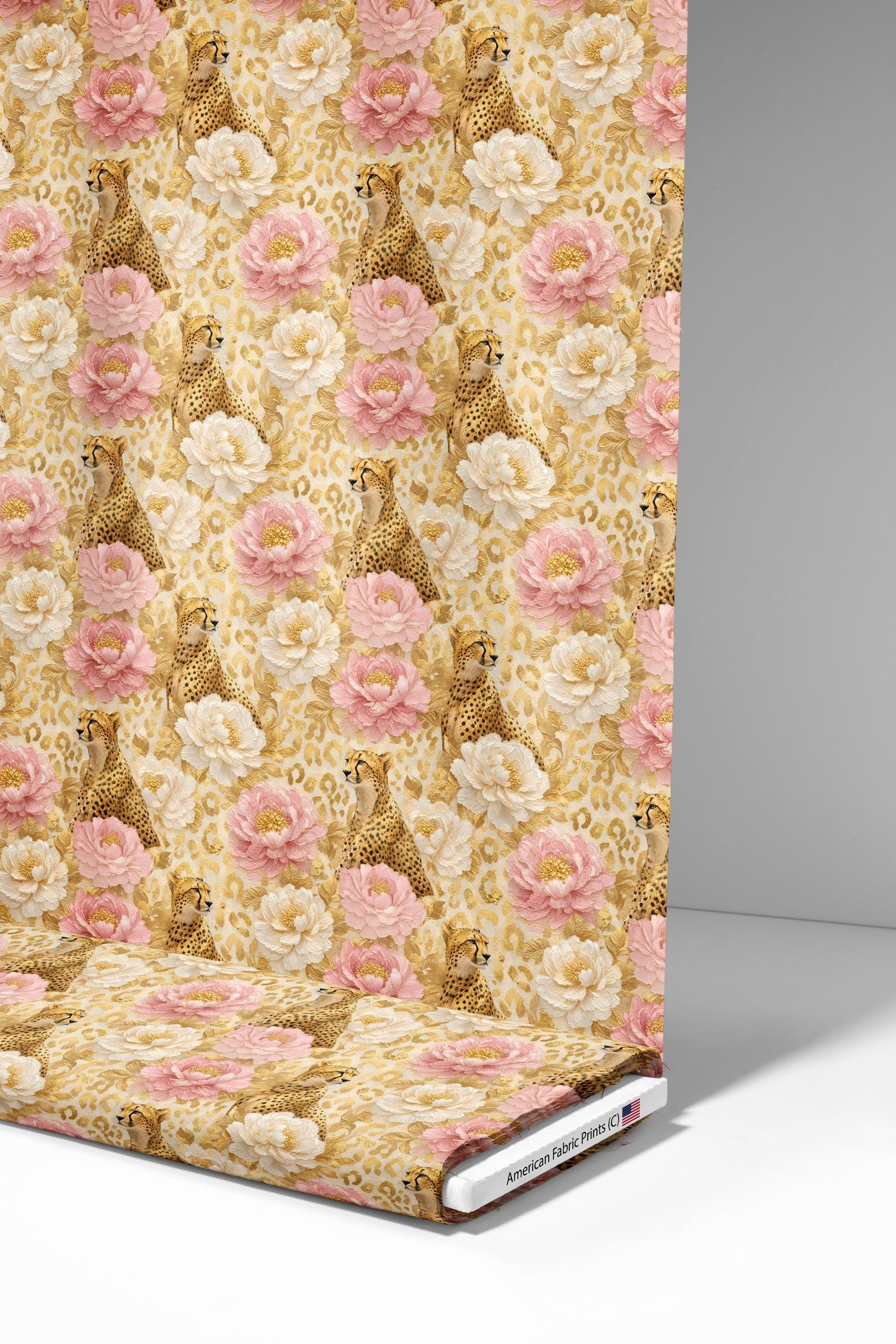 Cheetah in Peonies Fabric - Shop now at American Fabric Prints