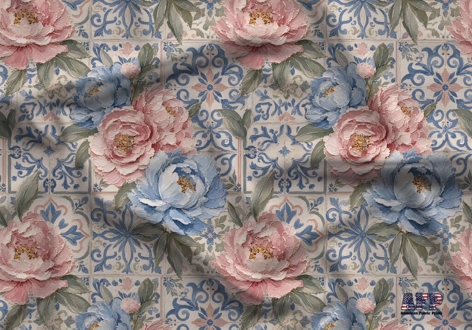 Painted Pink Peony Tiles Fabric - Shop now at American Fabric Prints