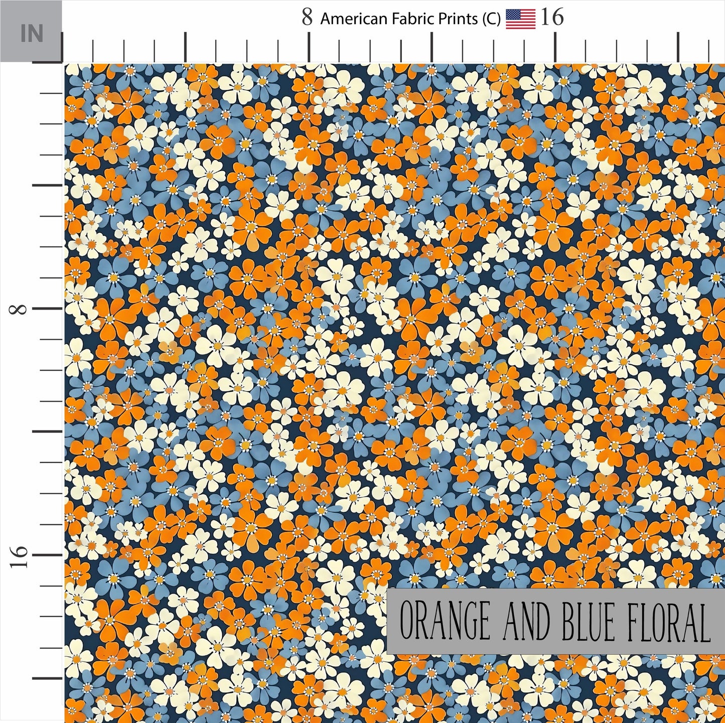 Orange and Blue Floral Fabric | Premium Cotton Quilt Fabric | Fall Flower Pattern | Summer Craft | Made in America | American Fabric Prints