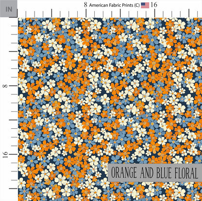 Orange and Blue Floral Fabric | Premium Cotton Quilt Fabric | Fall Flower Pattern | Summer Craft | Made in America | American Fabric Prints