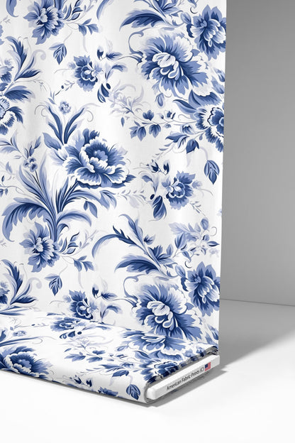 Blue Floral Toile Fabric. Made in the USA! Shop now at American Fabric Prints.