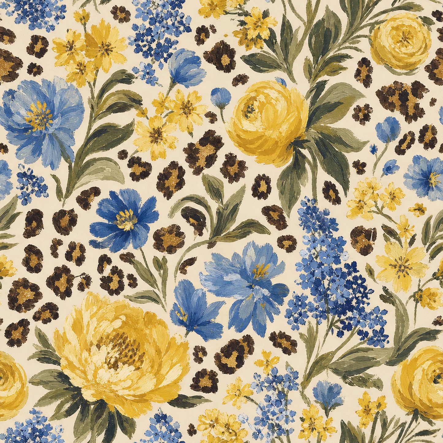 Blue Yellow Floral Leopard Fabric - Shop now at American Fabric Prints