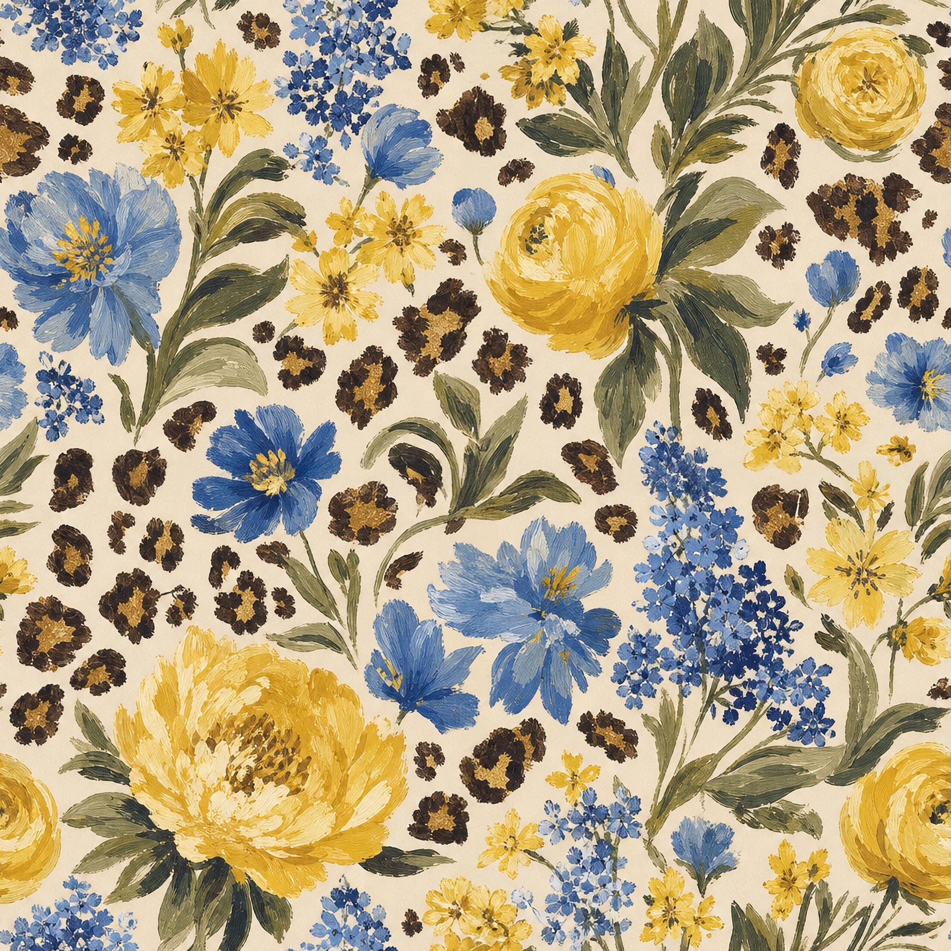 Blue Yellow Floral Leopard Fabric - Shop now at American Fabric Prints