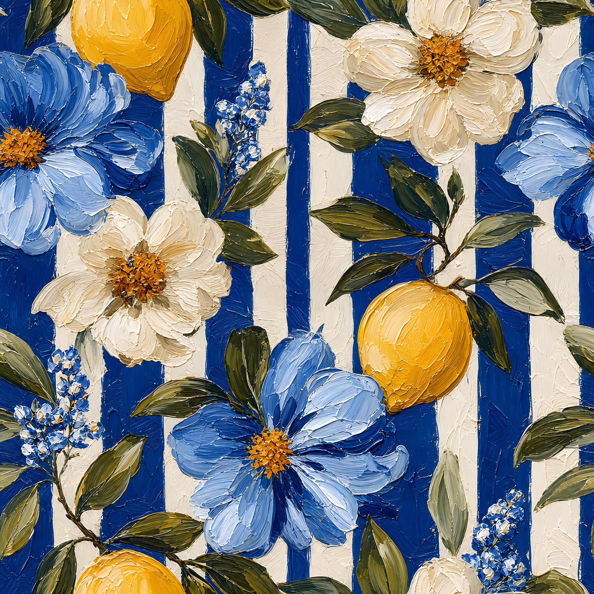 Blue Stripe Floral Lemon Oil Fabric - Shop now at American Fabric Prints