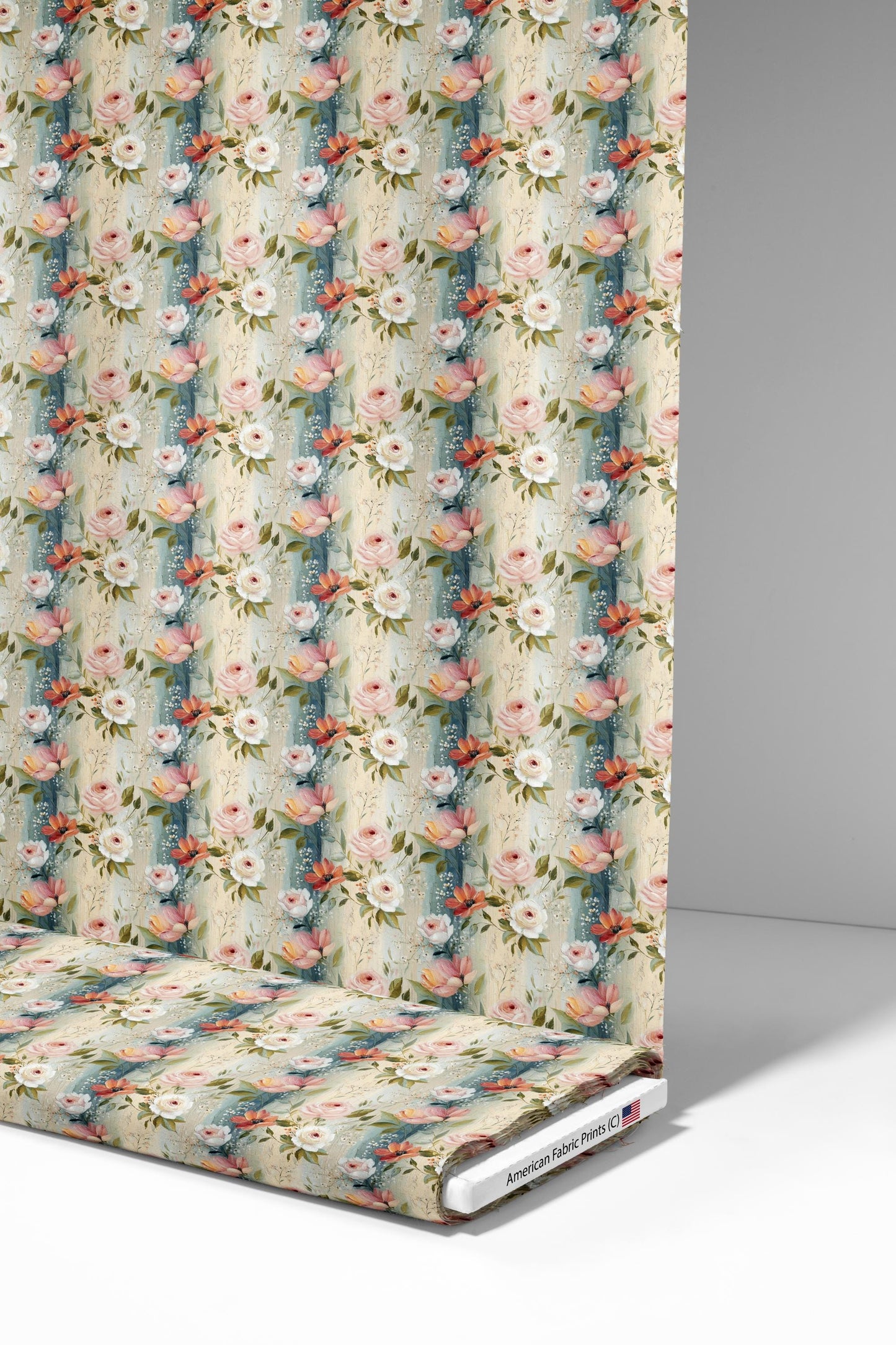 Spring Floral and Dark Blue Stripes Fabric - Shop now at American Fabric Prints