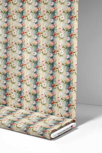Spring Floral and Dark Blue Stripes Fabric - Shop now at American Fabric Prints