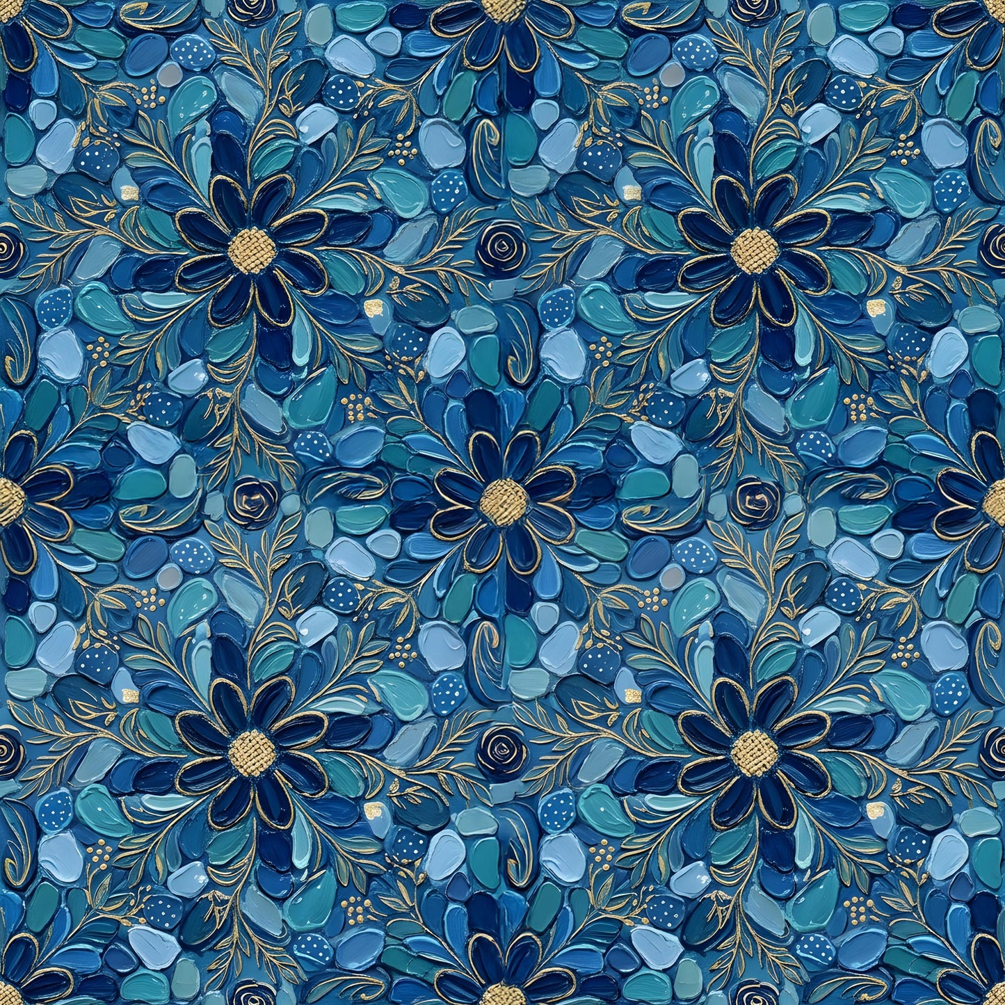 Blue Gold Mosaic Floral Fabric - Shop now at American Fabric Prints