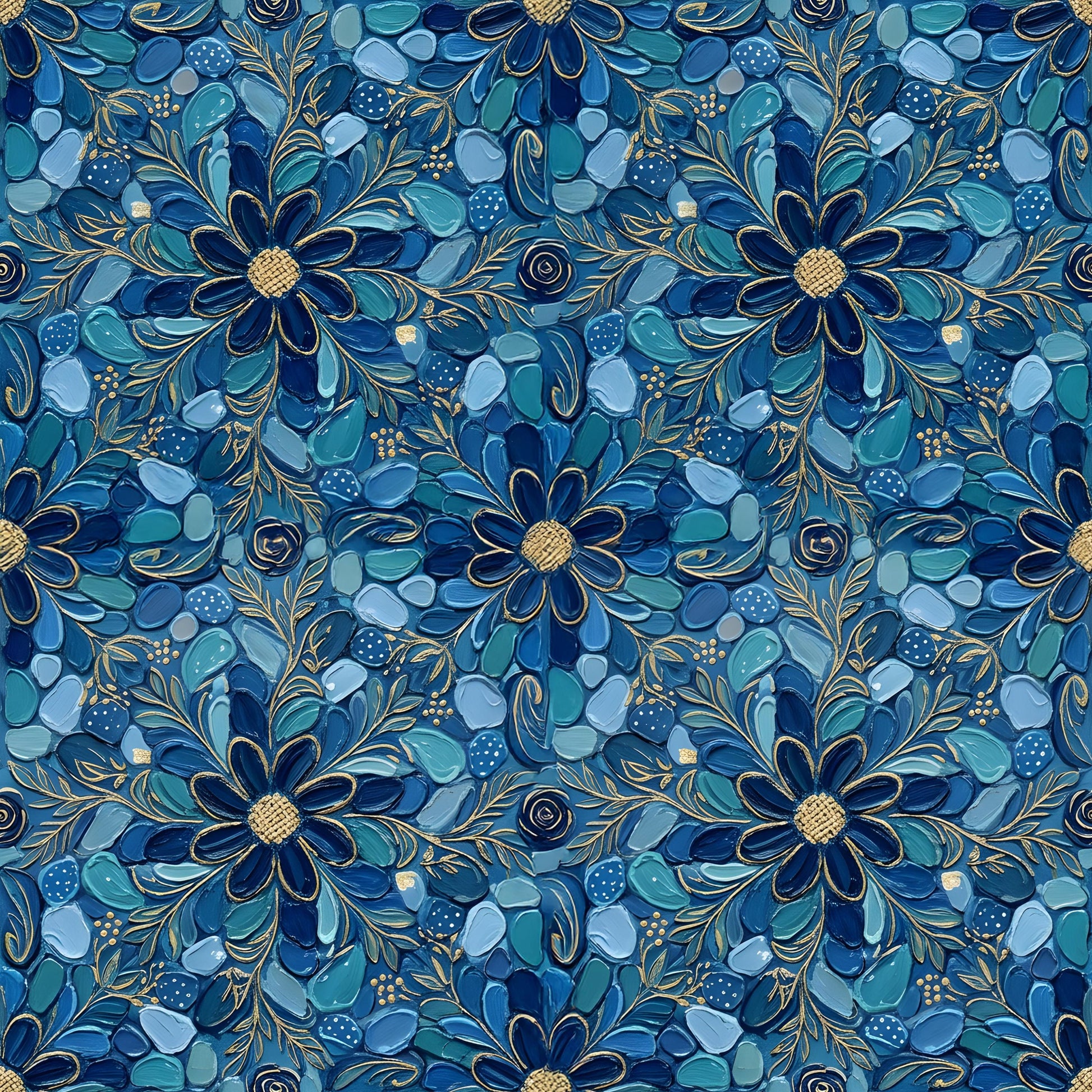Blue Gold Mosaic Floral Fabric - Shop now at American Fabric Prints