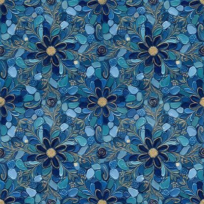 Blue Gold Mosaic Floral Fabric - Shop now at American Fabric Prints