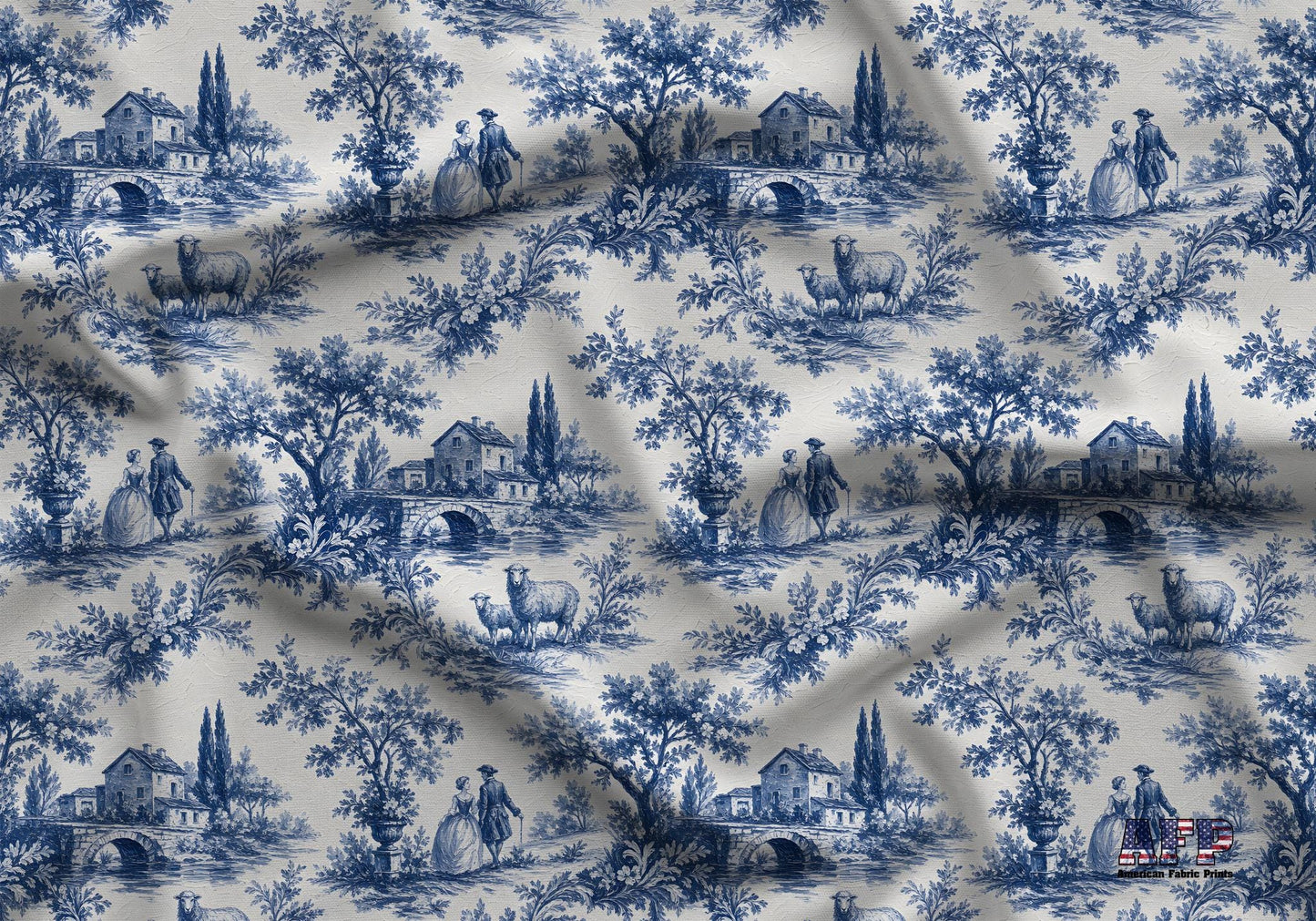 Cottage Sheep Blue Toile Fabric - Shop now at American Fabric Prints