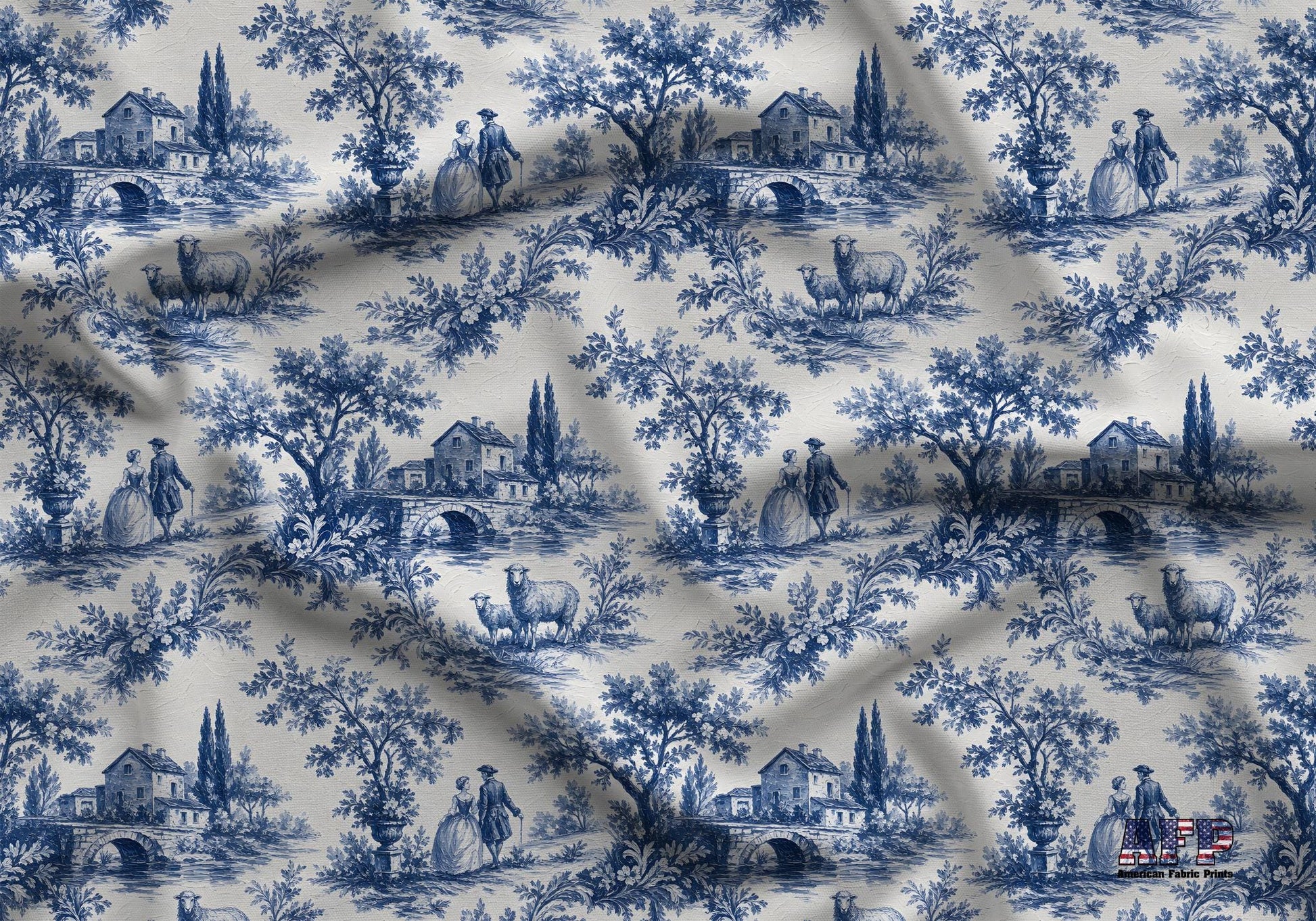 Cottage Sheep Blue Toile Fabric - Shop now at American Fabric Prints