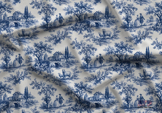 Cottage Sheep Blue Toile Fabric - Shop now at American Fabric Prints
