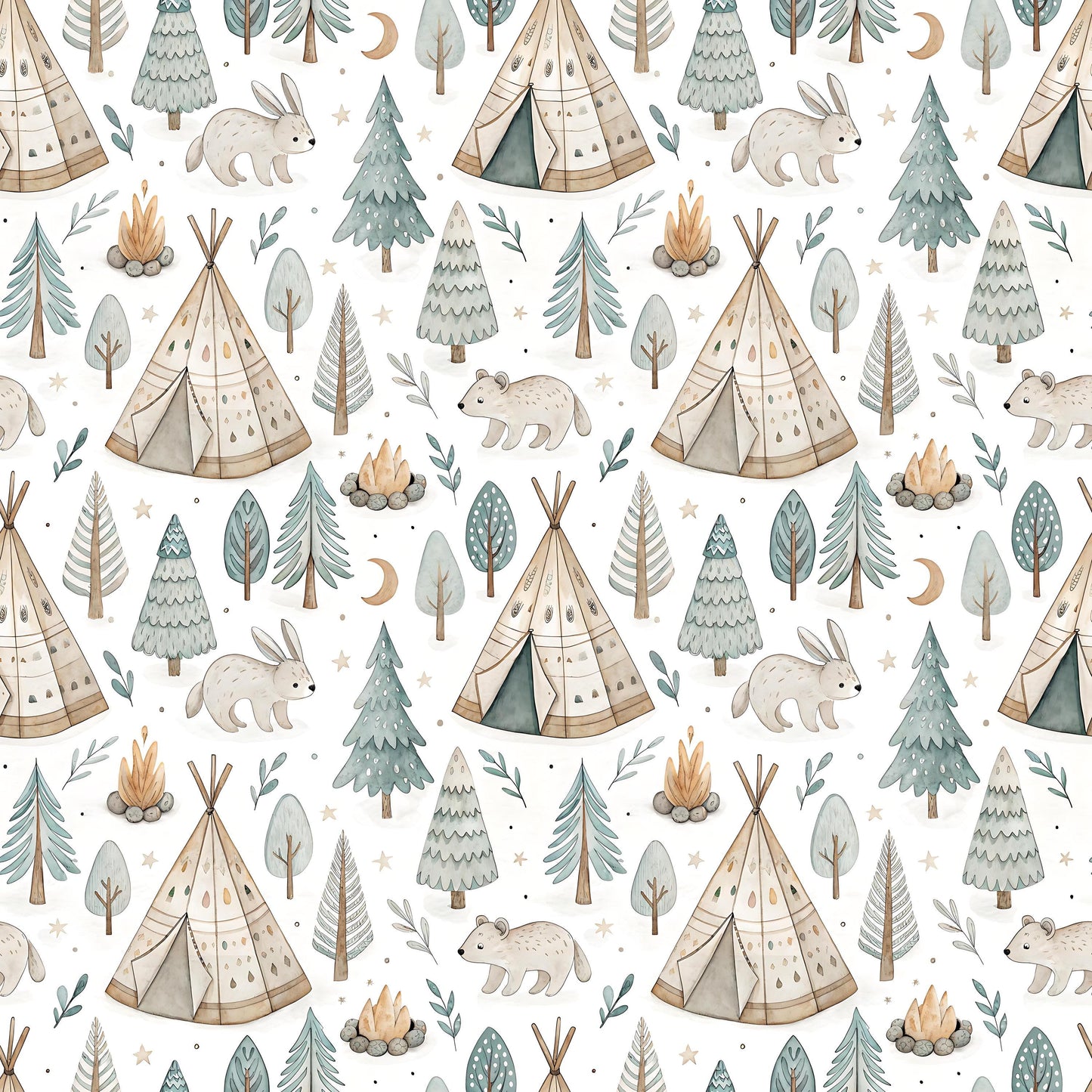 Boho Woodland Fabric - Quilting Cotton Print - Teal, Tan, and White Teepee Camping - by American Fabric Prints