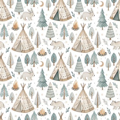 Boho Woodland Fabric - Quilting Cotton Print - Teal, Tan, and White Teepee Camping - by American Fabric Prints