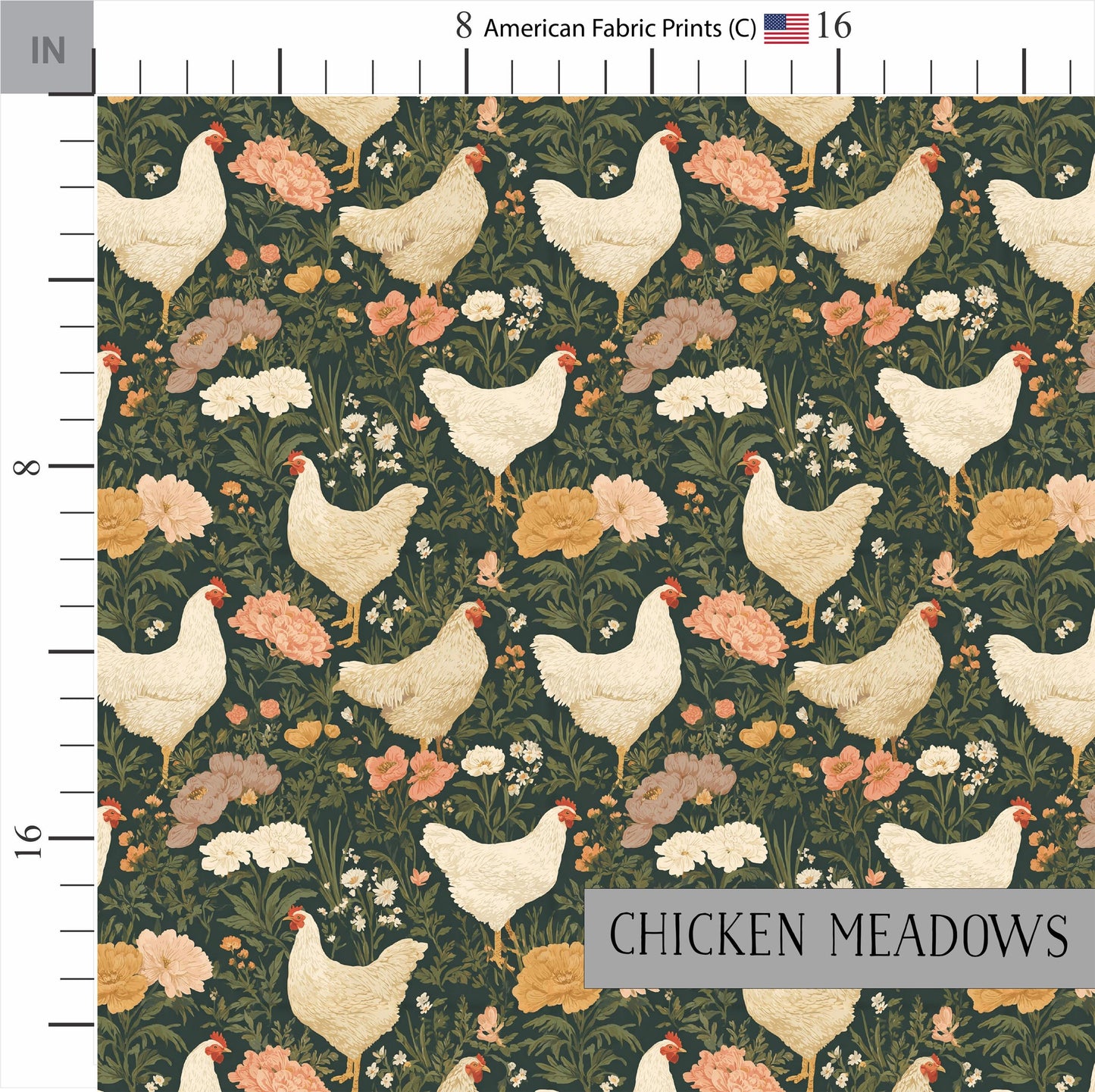 Floral Chicken Cotton Quilt Fabric | Green Meadow Print | Made in the USA | American Fabric Prints