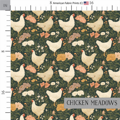 Floral Chicken Cotton Quilt Fabric | Green Meadow Print | Made in the USA | American Fabric Prints