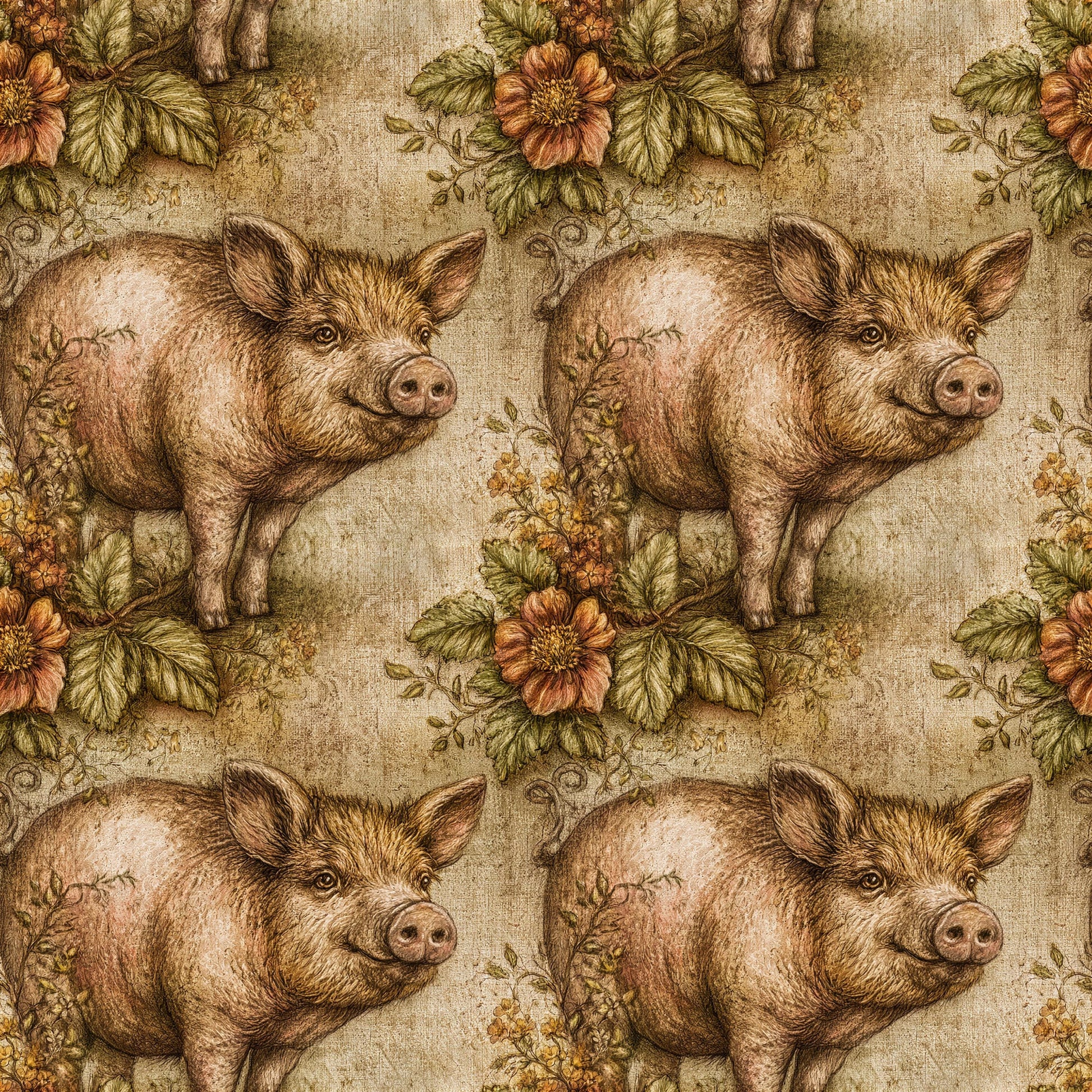 Primitive Folk Art Pig Fabric - Shop now at American Fabric Prints