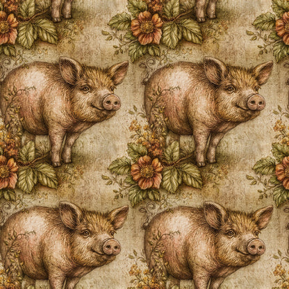 Primitive Folk Art Pig Fabric - Shop now at American Fabric Prints