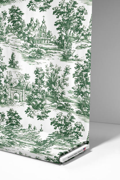 Vintage Green Toile De Jouy. Made in the USA. Shop now at American Fabric Prints.