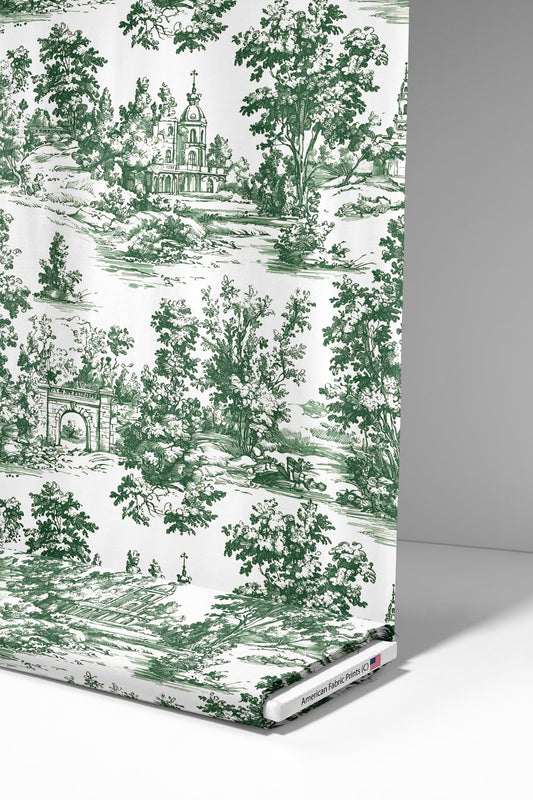 Vintage Green Toile De Jouy. Made in the USA. Shop now at American Fabric Prints.