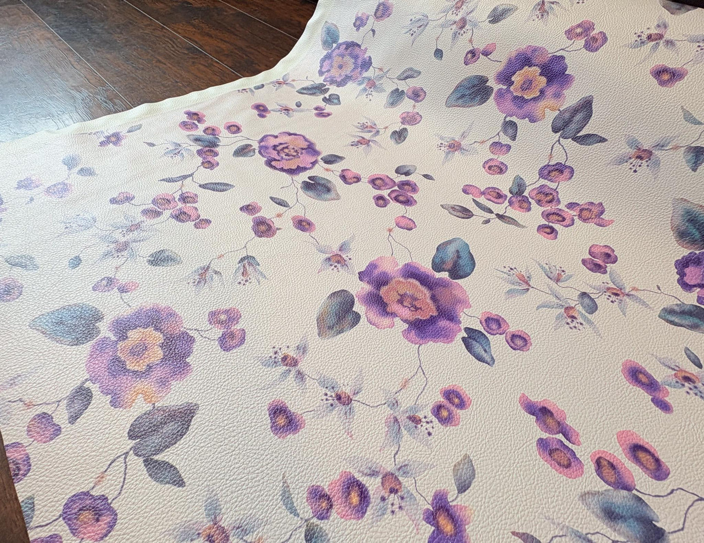 Floral Vinyl Fabric with Purple Flowers & Greenish Blue Leaves. Shop now at American Fabric Prints.