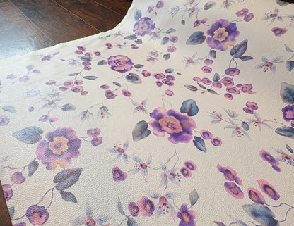 Floral Vinyl Fabric with Purple Flowers & Greenish Blue Leaves. Shop now at American Fabric Prints.