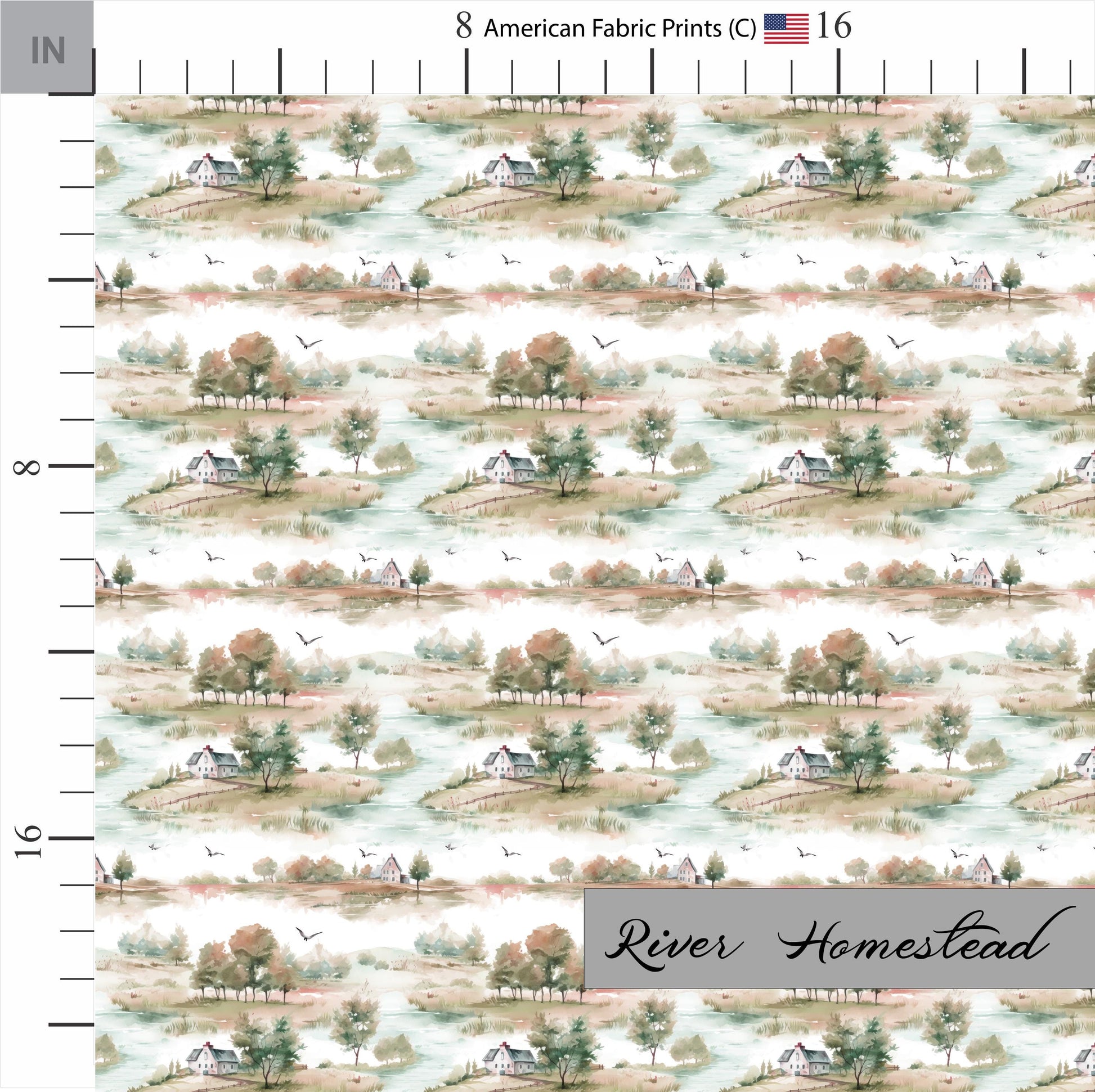 Rustic themed river front home with ducks flying by. Shop now at American Fabric Prints.
