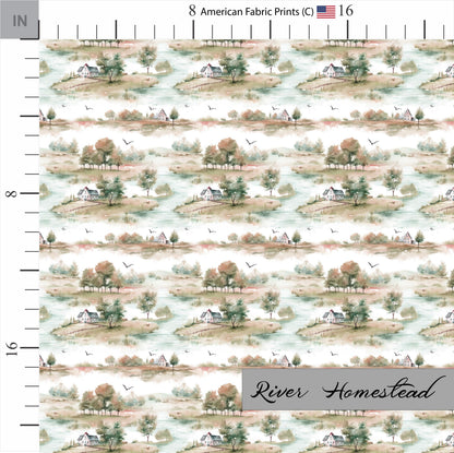 Rustic themed river front home with ducks flying by. Shop now at American Fabric Prints.