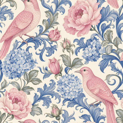 Pink Birds Blue Floral Fabric - Shop now at American Fabric Prints