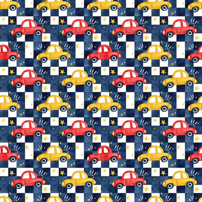Checkered+Cars Fabric - Shop now at American Fabric Prints