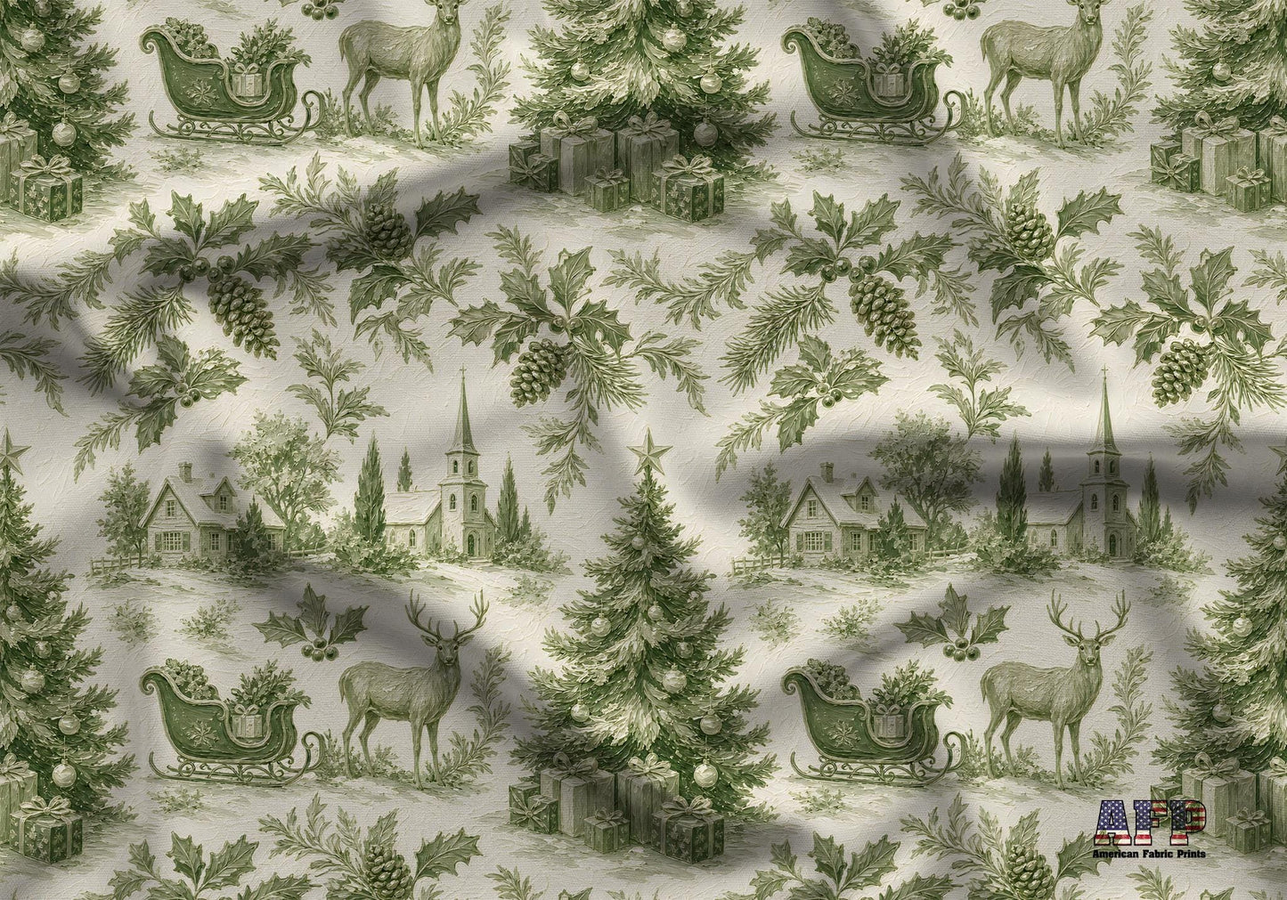 Green Christmas Toile Fabric - Shop now at American Fabric Prints