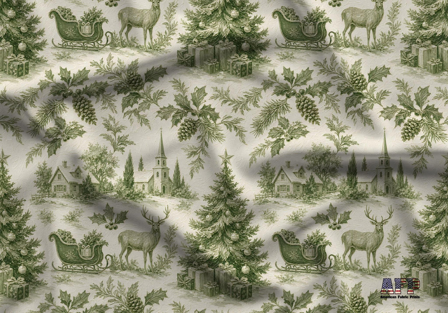 Green Christmas Toile Fabric - Shop now at American Fabric Prints