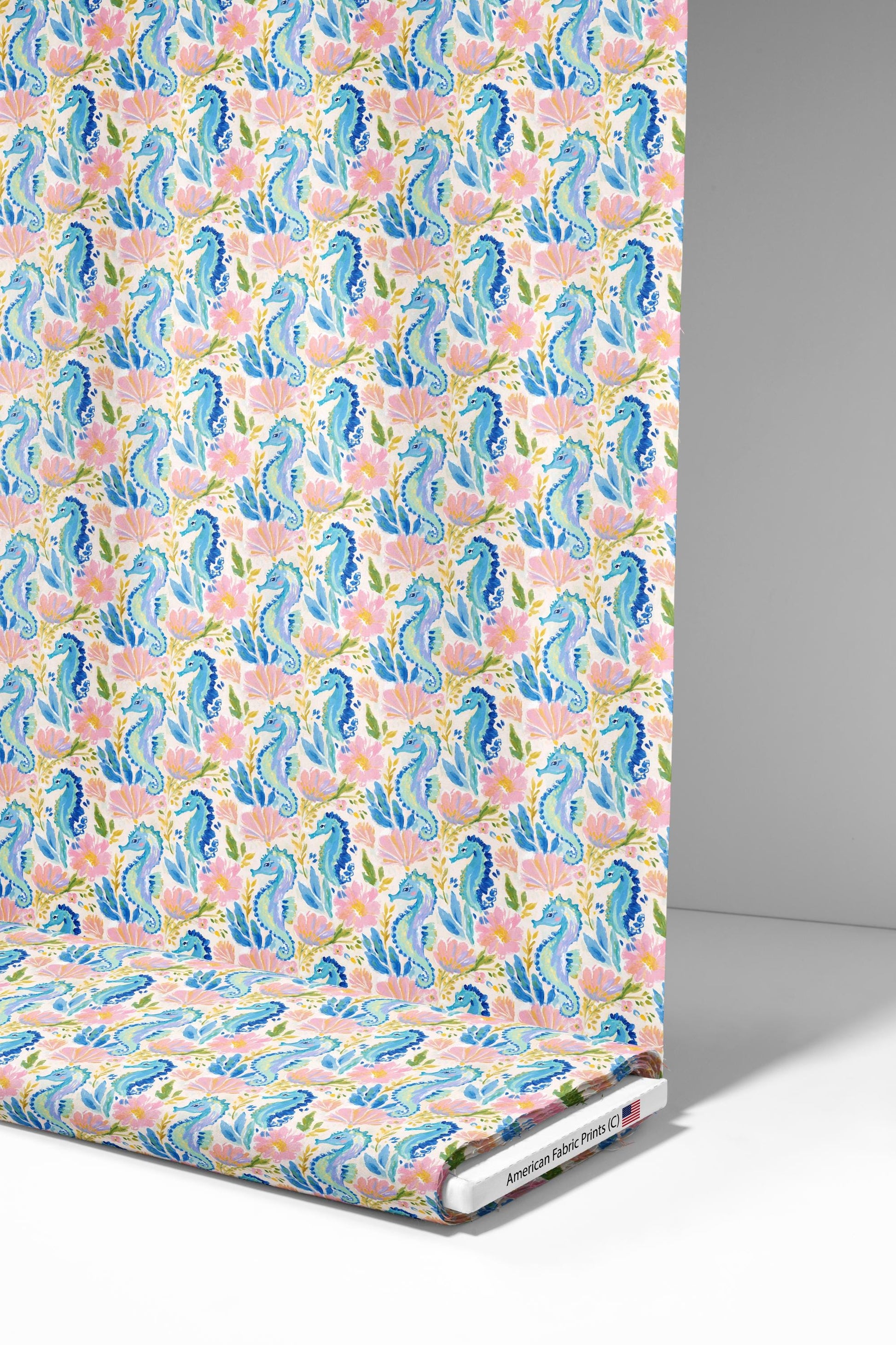 Bright Preppy Beach Seahorses Fabric - Shop now at American Fabric Prints
