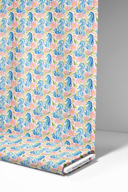 Bright Preppy Beach Seahorses Fabric - Shop now at American Fabric Prints