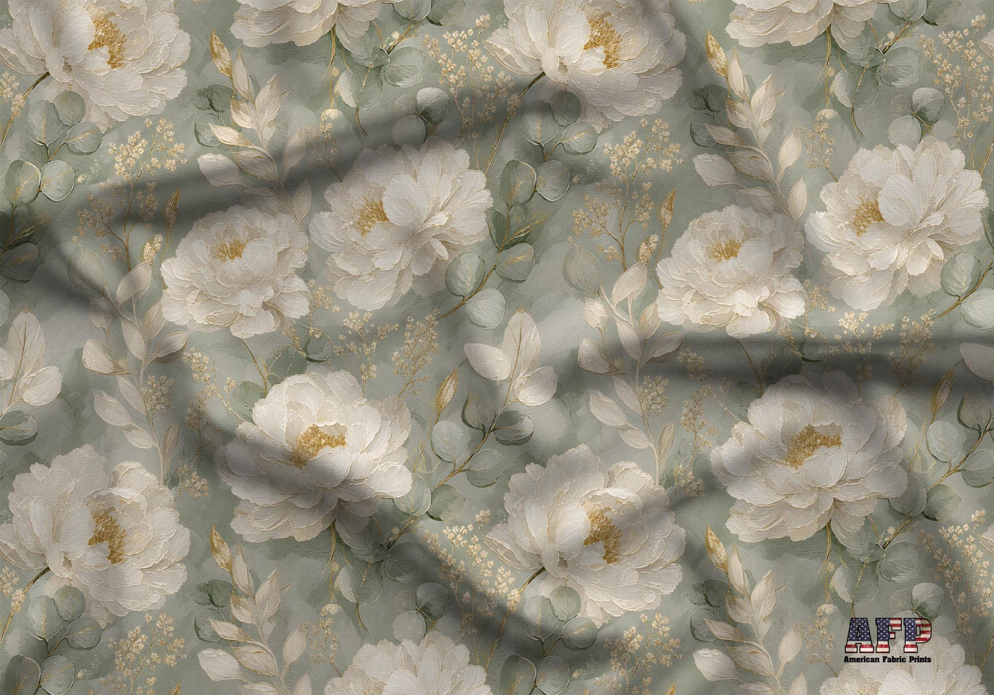 White Peony with Sage and Gold Fabric - Shop now at American Fabric Prints