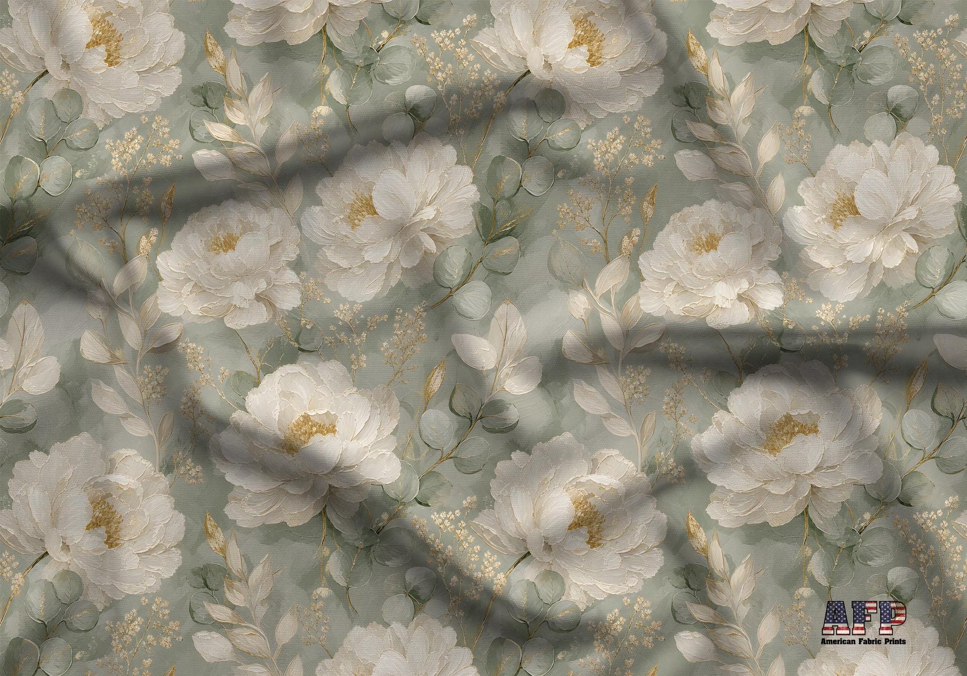 White Peony with Sage and Gold Fabric - Shop now at American Fabric Prints