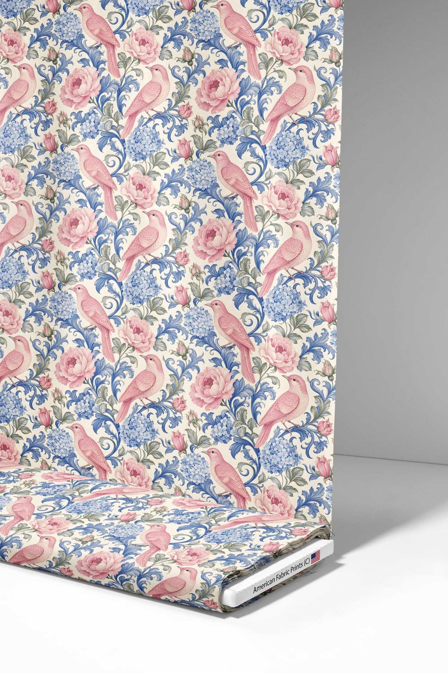 Pink Birds Blue Floral Fabric - Shop now at American Fabric Prints