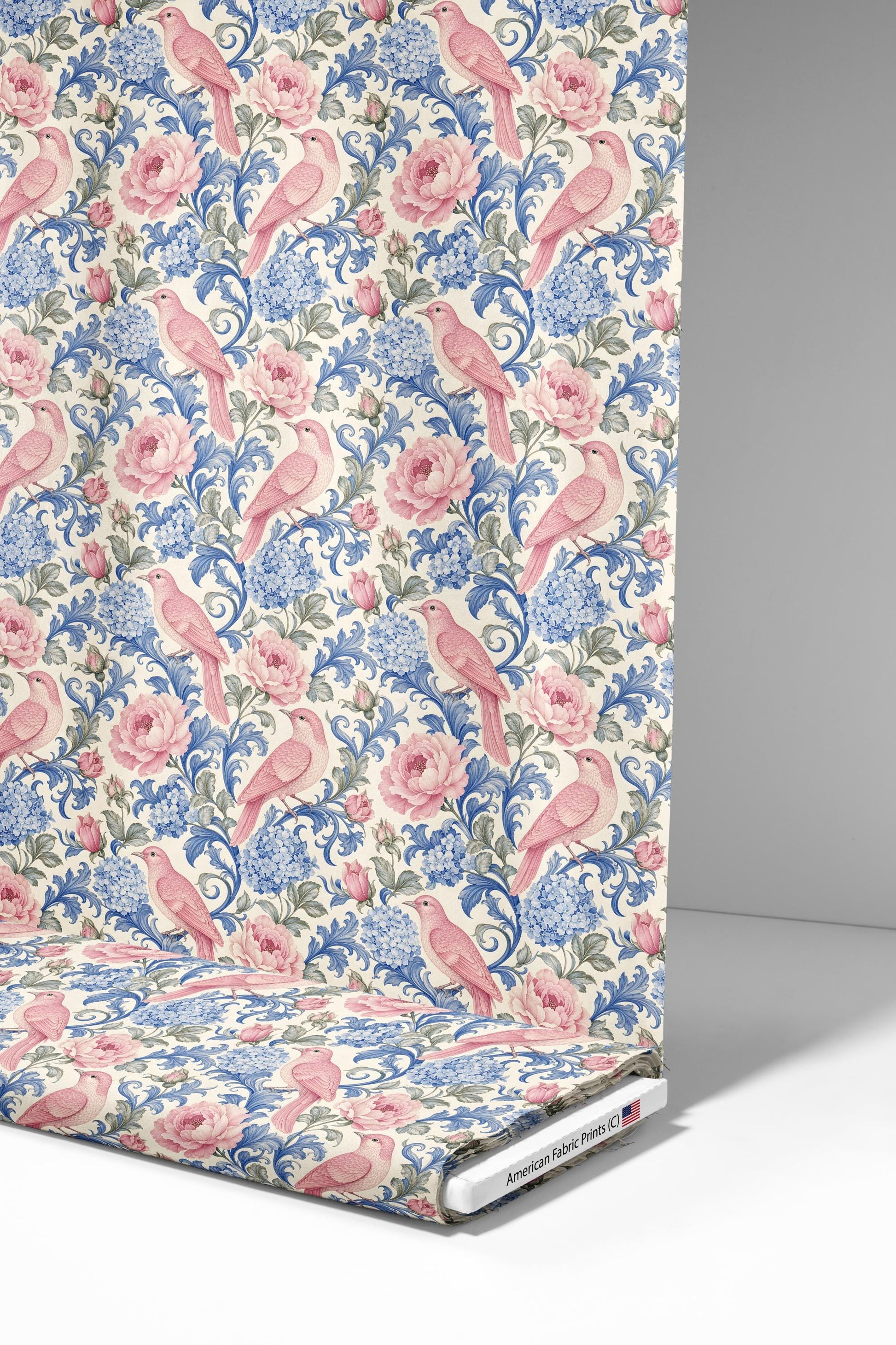 Pink Birds Blue Floral Fabric - Shop now at American Fabric Prints