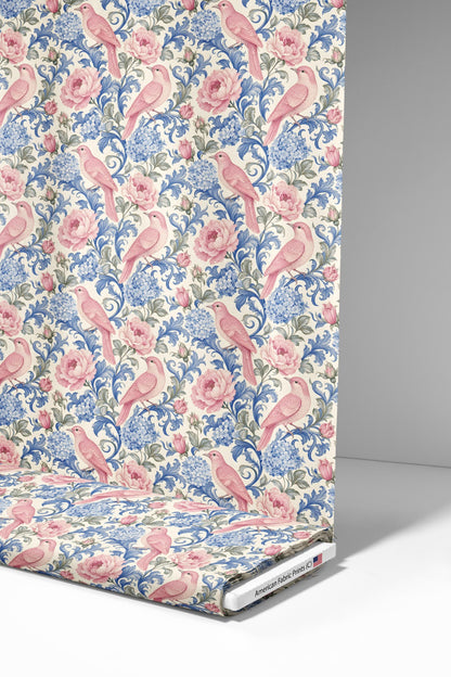 Pink Birds Blue Floral Fabric - Shop now at American Fabric Prints