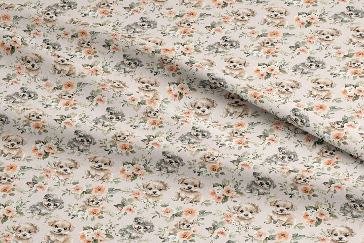 Floral Puppies Quilting Cotton Fabric | BOHO Theme | Made in the USA by American Fabric Prints