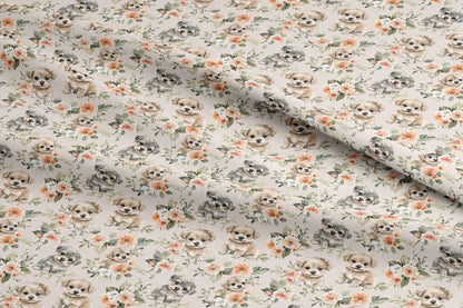 Floral Puppies Quilting Cotton Fabric | BOHO Theme | Made in the USA by American Fabric Prints