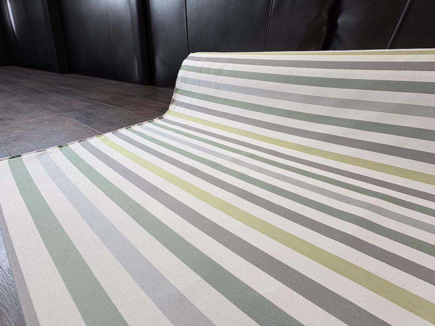 Seasonal Outdoor Fabric. Premium Yellow, Green, and Gray Striped Woven Fabric. Shop now at American Fabric Prints.