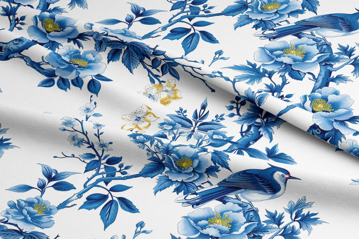 Floral Birds Fabric by the Yard, Blue and Gold Floral Pattern Fabric, Flower Fabric for Curtains, Upholstery, Pillow Covers, Couch Covering