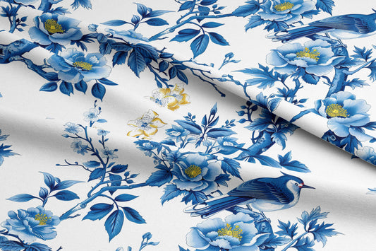 Floral Birds Fabric by the Yard, Blue and Gold Floral Pattern Fabric, Flower Fabric for Curtains, Upholstery, Pillow Covers, Couch Covering