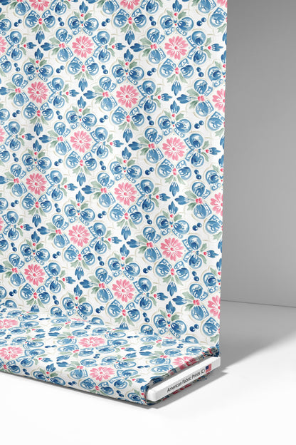 Watercolor Tile in Blue and Pink Fabric - Shop now at American Fabric Prints
